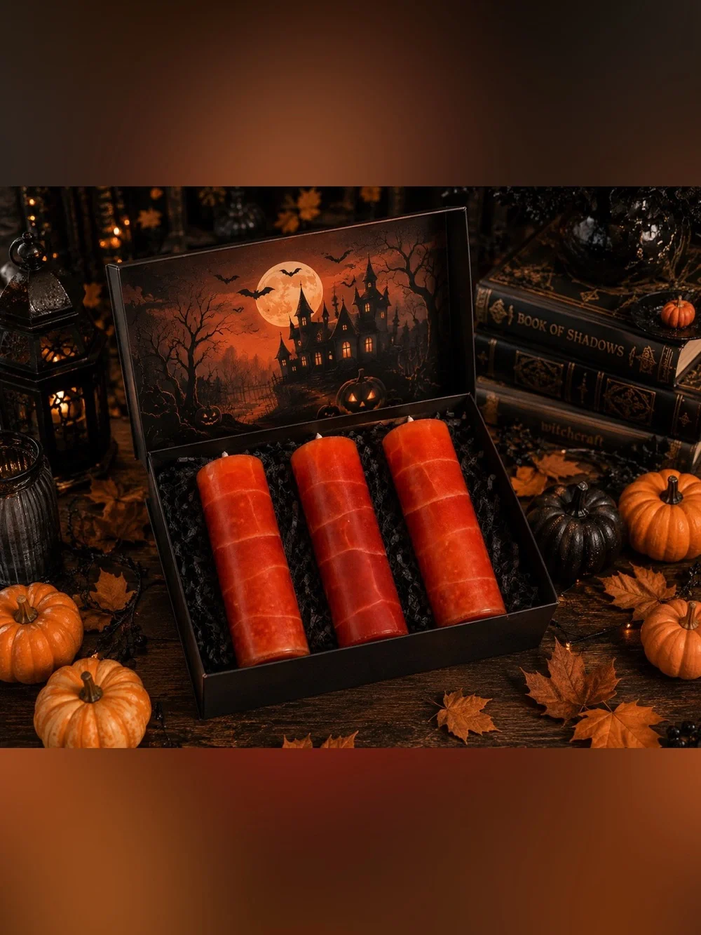 Halloween Orange Crackle Pillar Candle Set of 3 Spooky Fall Decor Gothic Autumn